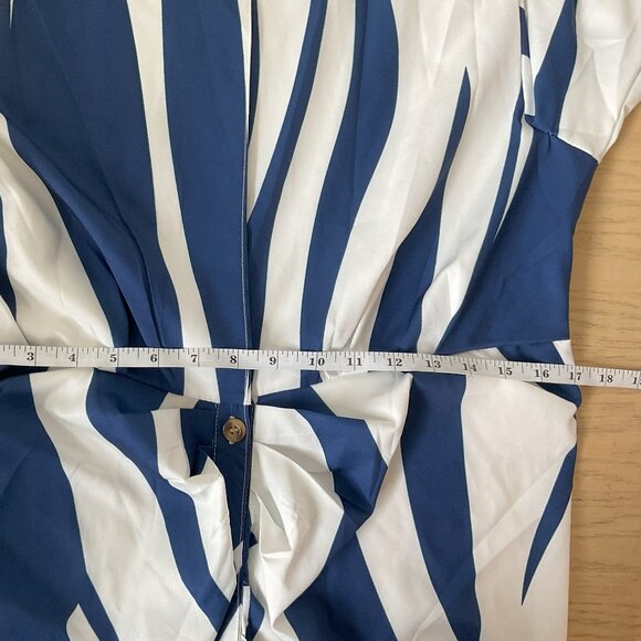 Unique Blue White Deep V Button up Long Ruched Dress Size Large No Name Tag - Picture 14 of 16